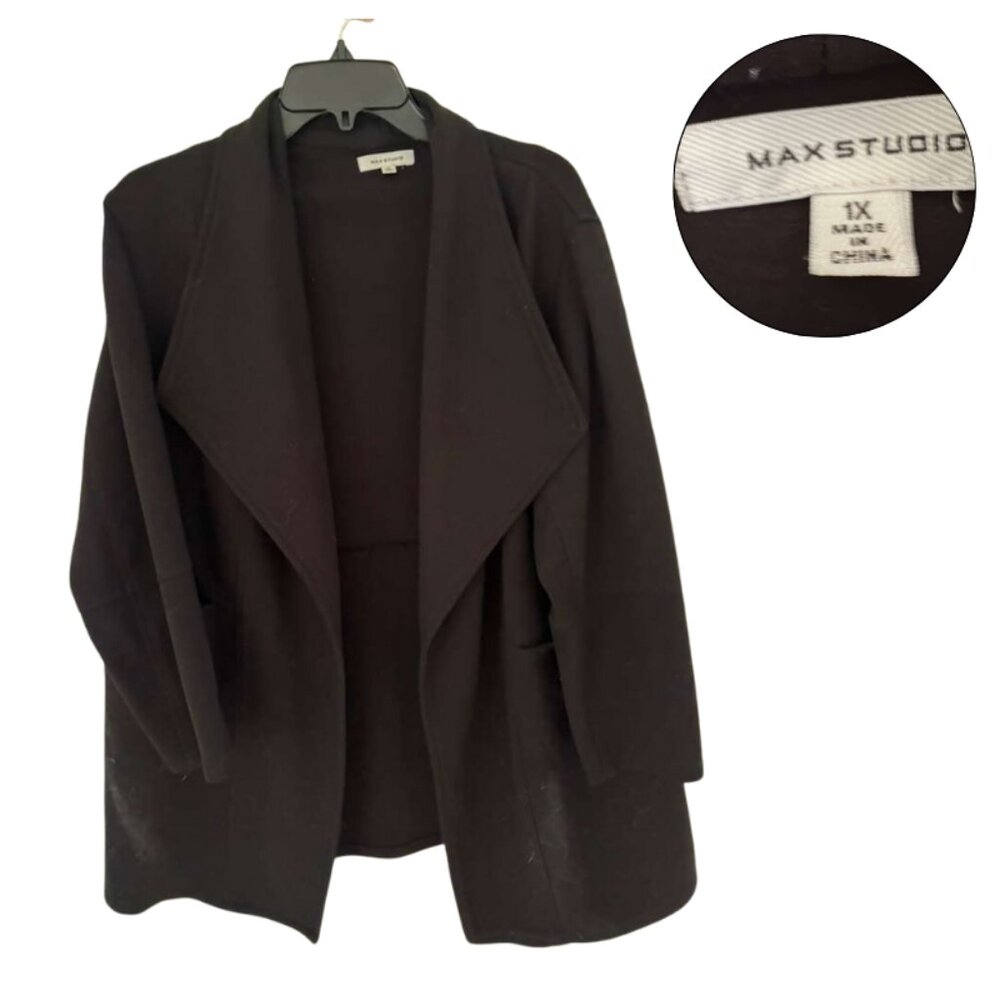 Max Studio Black Open Front Cardigan 1X Minimalist Cozy Jacket